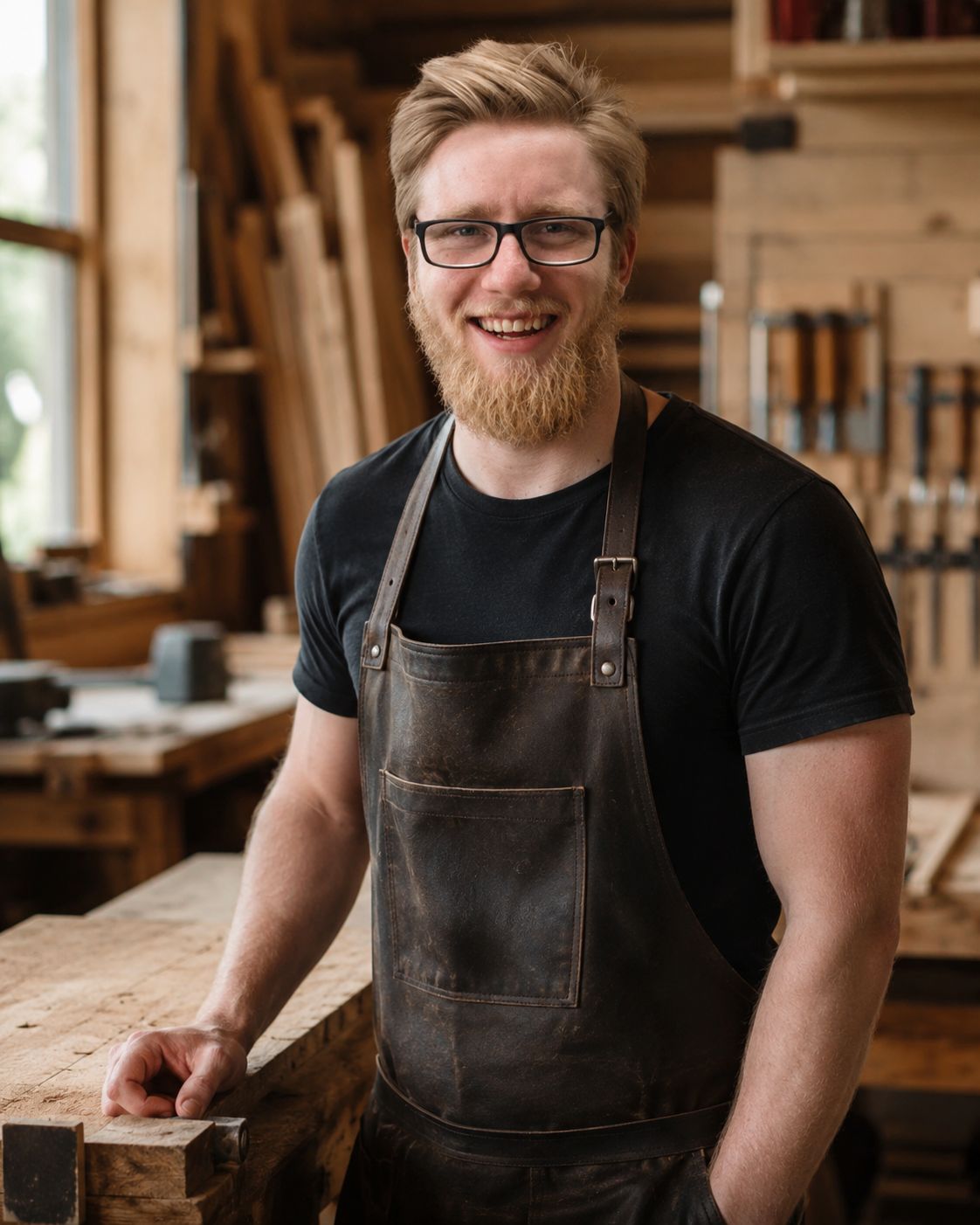 Dennis in seiner Werkstatt, mit Lederschürze, lächelt in die Kamera
