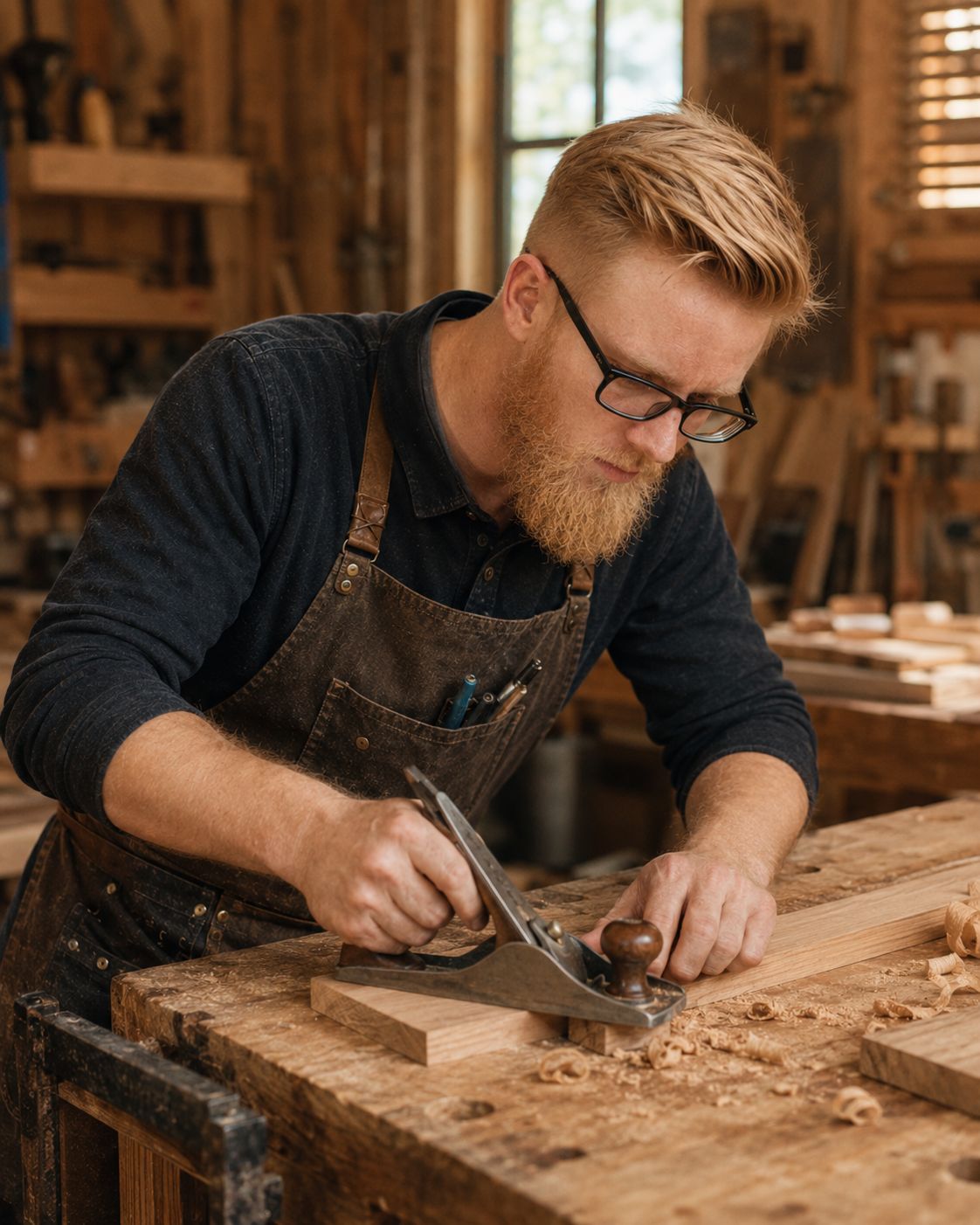 Dennis hobelt ein Werkstück mit dem Handhobel